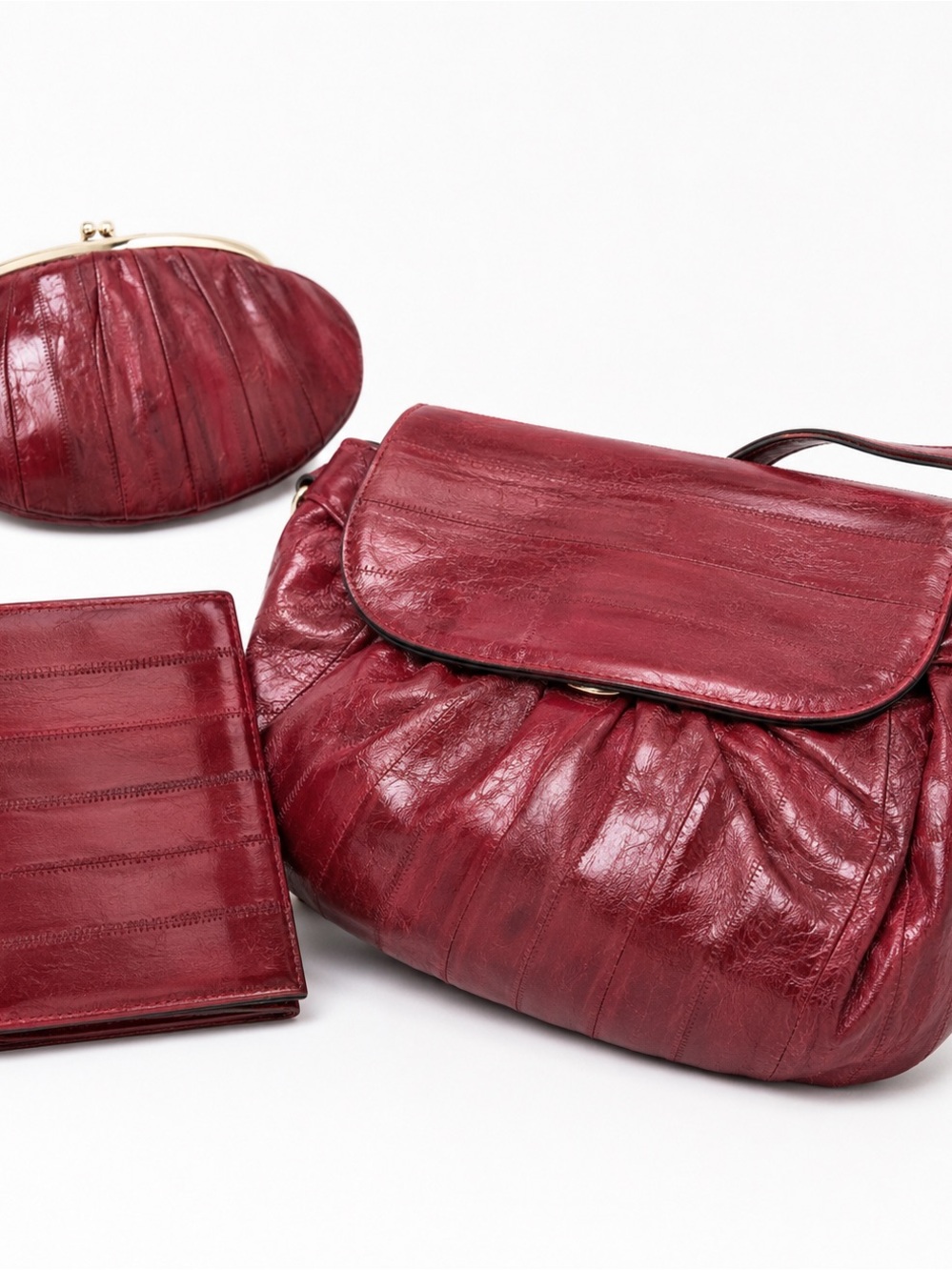 Pleated Burgundy Leather Shoulder Bag with Matching Wallet and Coin Purse